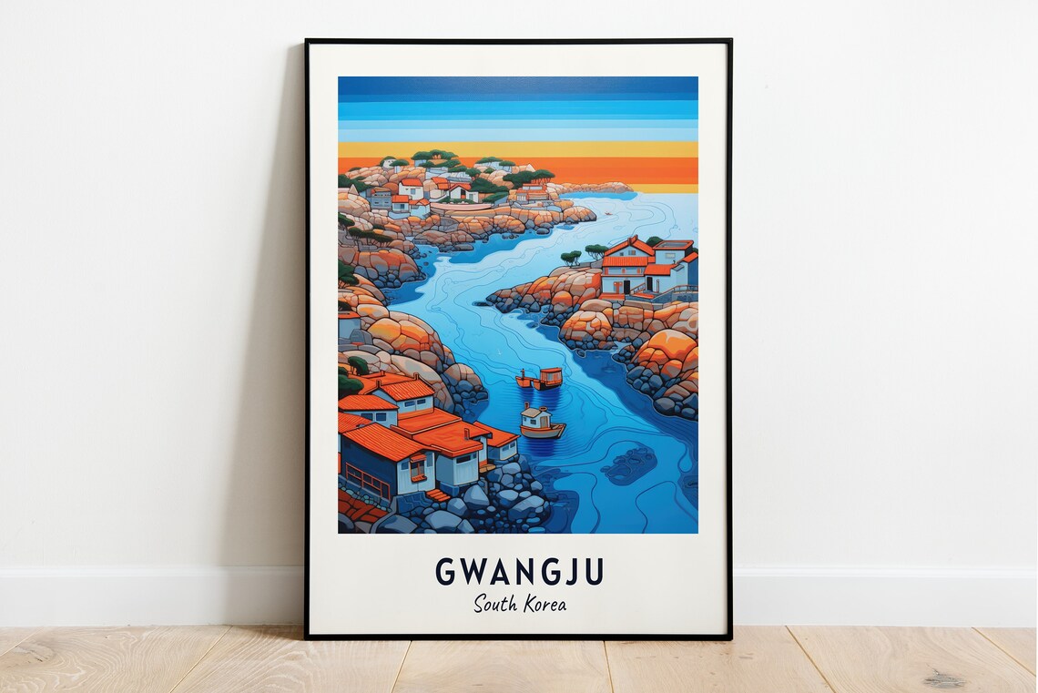 Gwangju South Korea Sunset Over Rocky Fishing Village Cove Poster