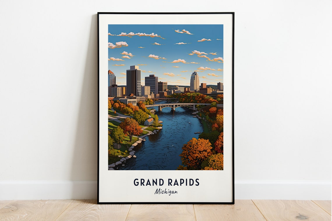 Golden Autumn Grand Rapids Michigan Foliage River Cityscape Poster