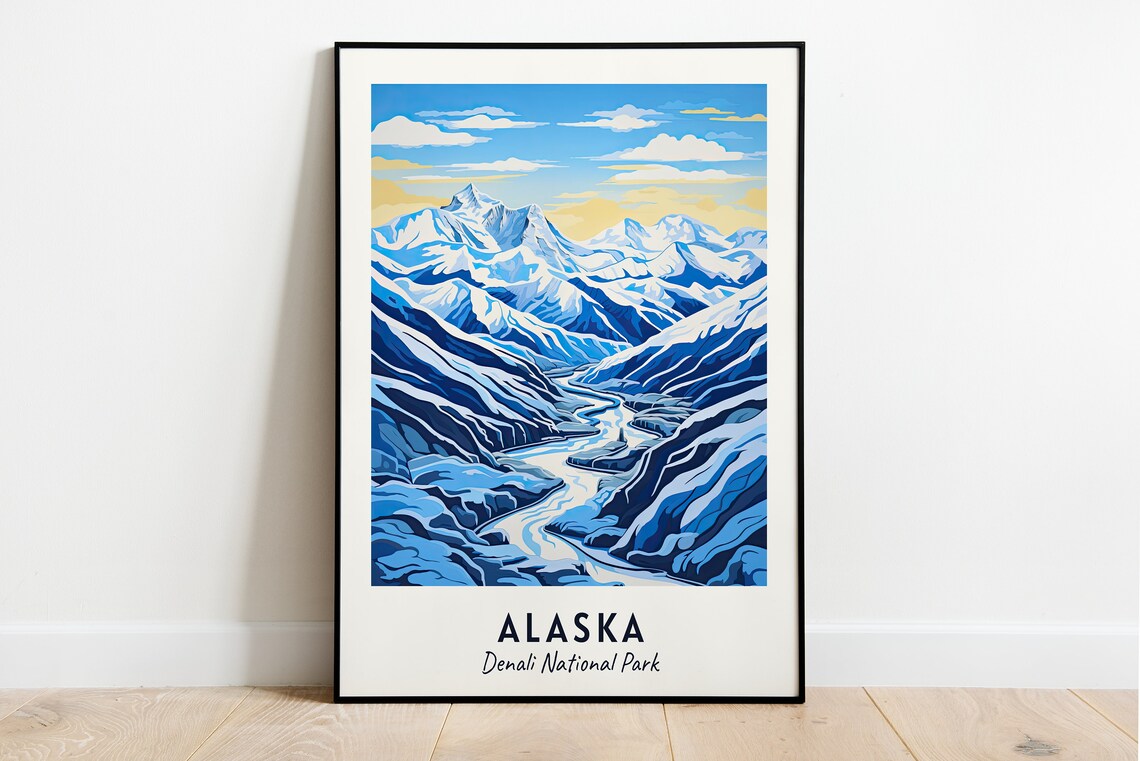 Alaska Denali National Park Snowy Peaks Glacier River Travel Poster