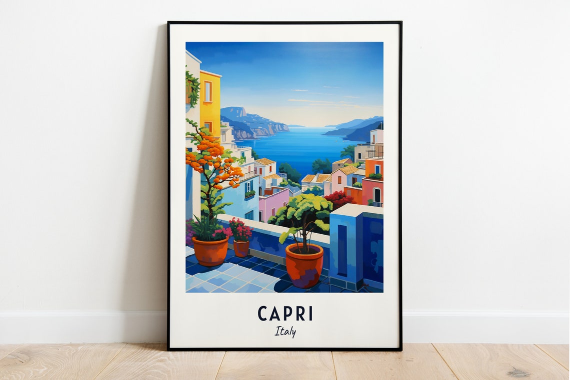 Capri Balcony Terrace Bay View Potted Orange Italy Travel Poster