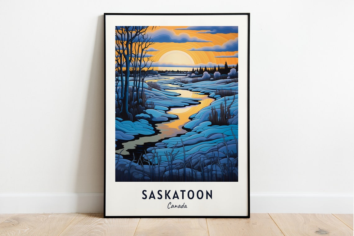 Saskatoon Canada Winter River Sunset Landscape Travel Poster