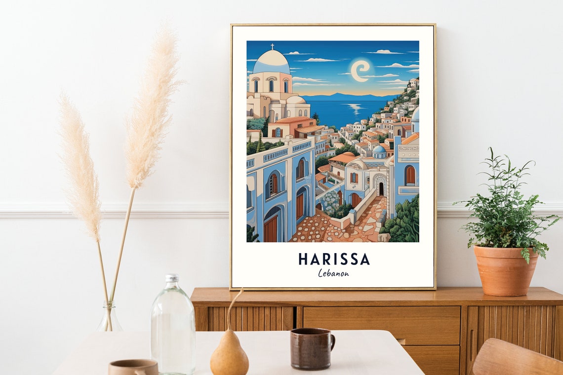 Harissa Lebanon Coastal Hillside Town Crescent Moon Sea Poster - Image 2