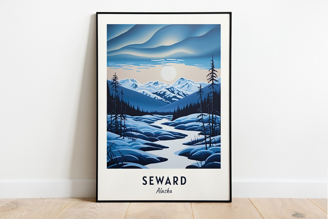 Seward Alaska Snowy Mountain Winter Minimalist Travel Poster