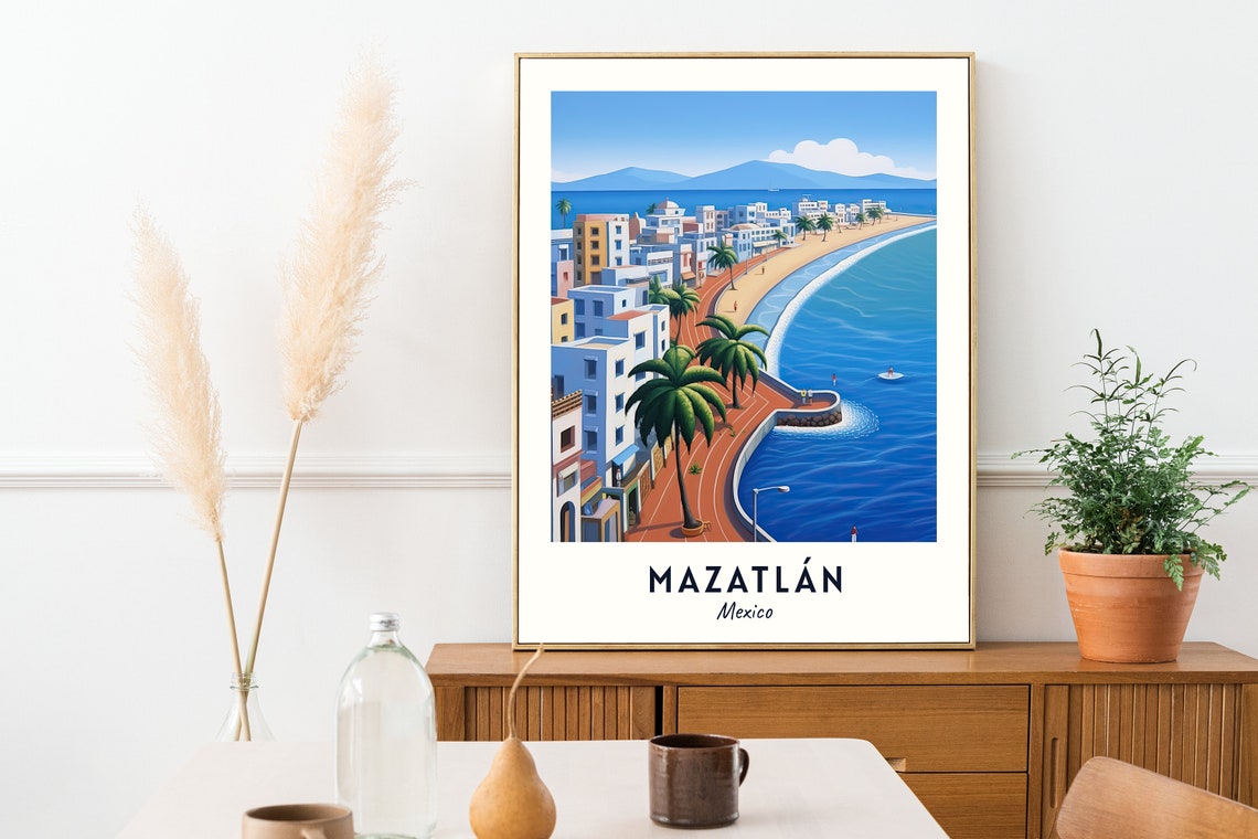 Mazatlan Malecon Mexico Palm Lined Beach Promenade Scene Poster - Image 2