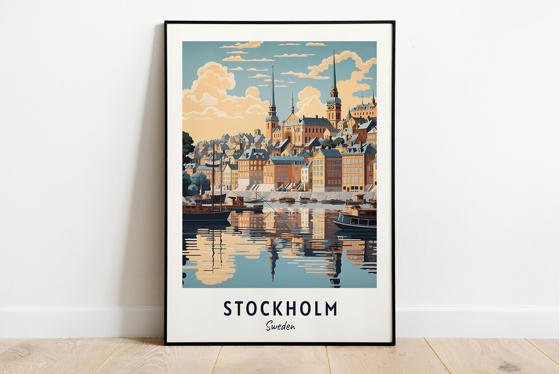 Stockholm Sunset Harbor Waterfront Church Spires Travel Poster