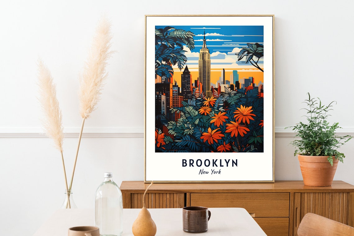 Brooklyn New York Empire State Sunset Tropical Garden Travel Poster - Image 2