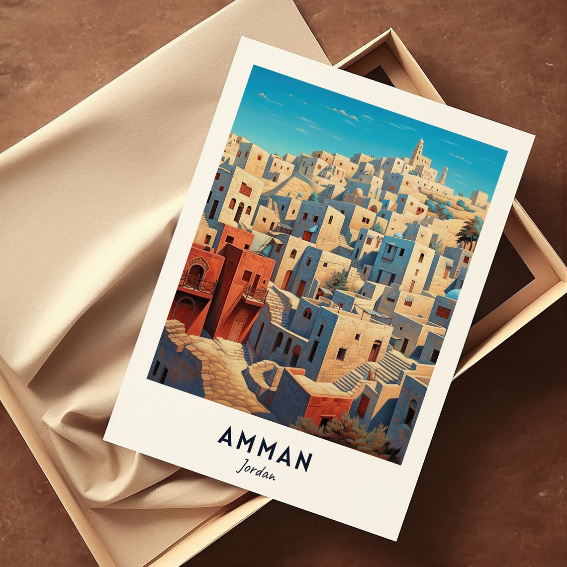 Amman Jordan Ancient Hillside City Whitewashed Houses Travel Poster - Image 3