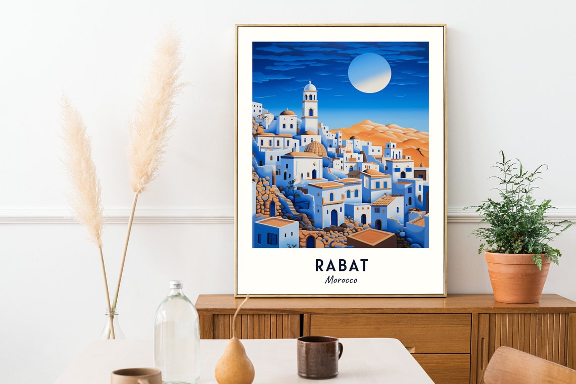 Rabat Moonlit White Medina Rooftops Domes Night Morocco Travel Poster - Image 2