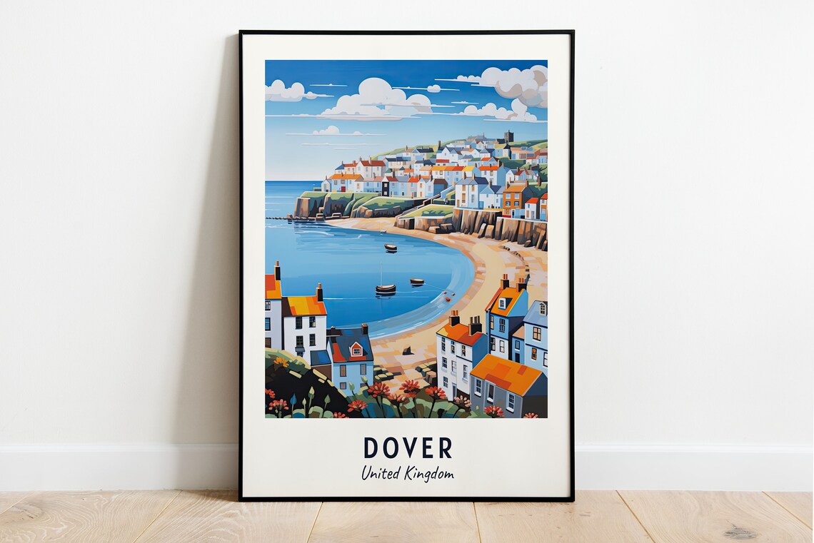 Dover United Kingdom Colorful Coastal Harbor Town Scene Poster