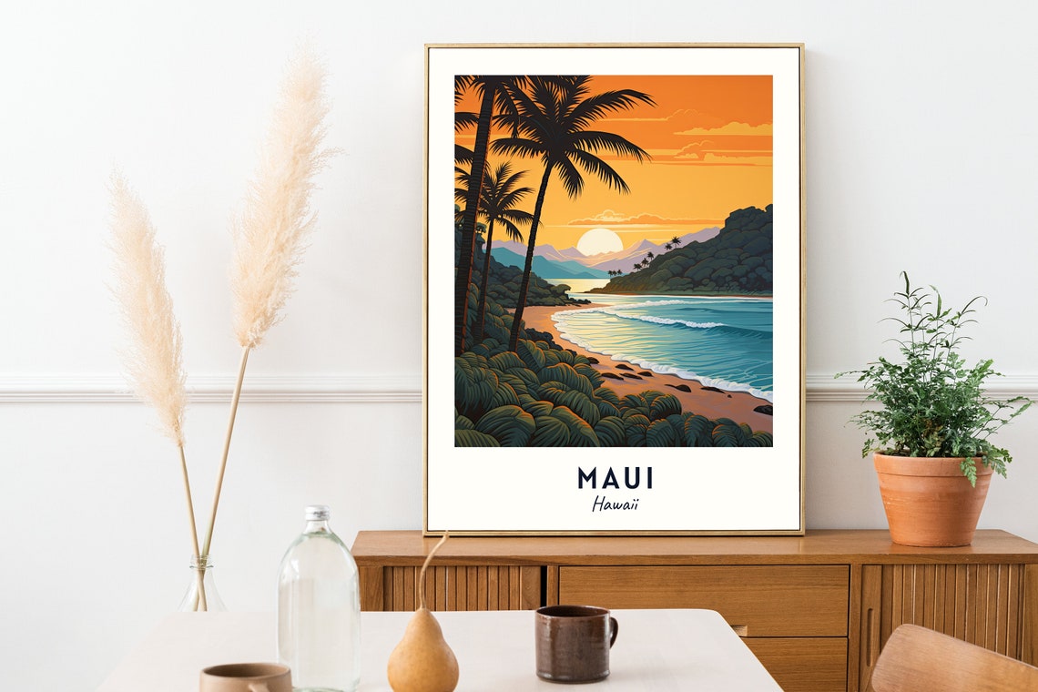 Maui Hawaii Tropical Beach Sunset Palms And Ocean Waves Poster - Image 2