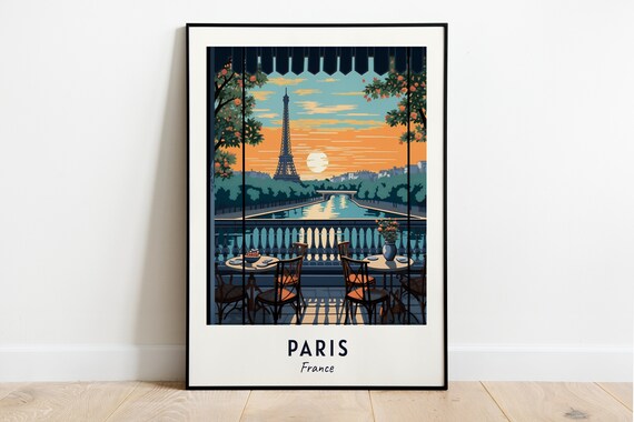 Paris France Eiffel Tower Cafe Terrace Sunset River View Travel Poster