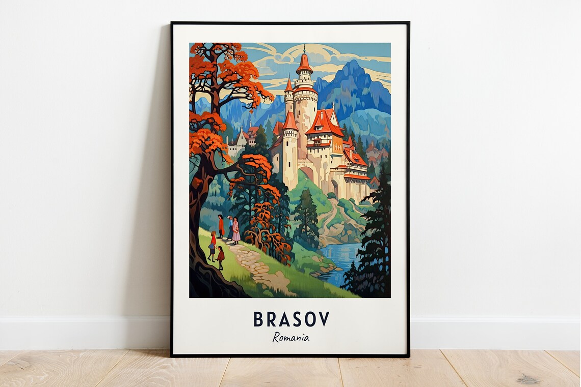 Brasov Romania Hilltop Castle Fiery Autumn Trees Lake Poster
