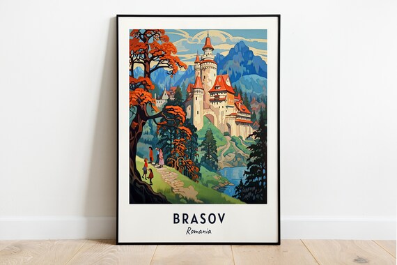 Brasov Romania Hilltop Castle Fiery Autumn Trees Lake Poster