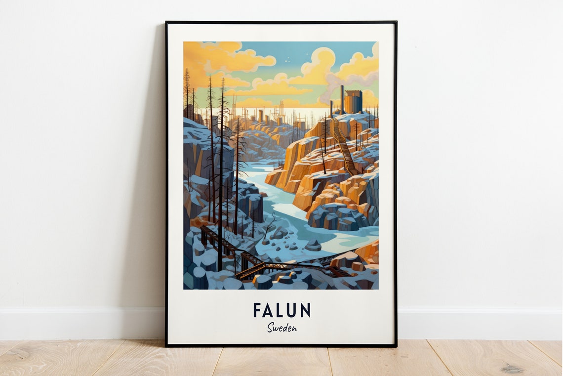 Falun Sweden Snowy Copper Mine Quarry Golden Sky Travel Poster