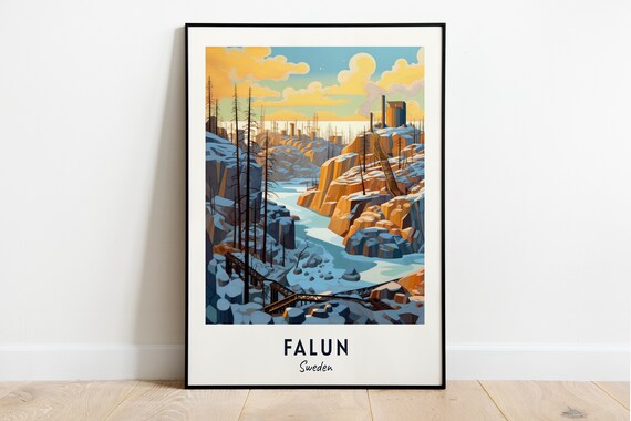 Falun Sweden Snowy Copper Mine Quarry Golden Sky Travel Poster