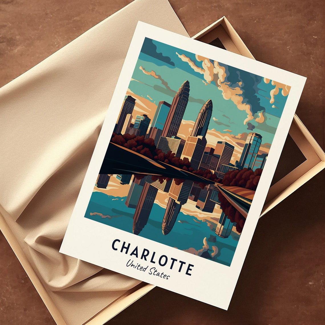 Charlotte North Carolina Skyline Reflected At Dusk Travel Poster - Image 3
