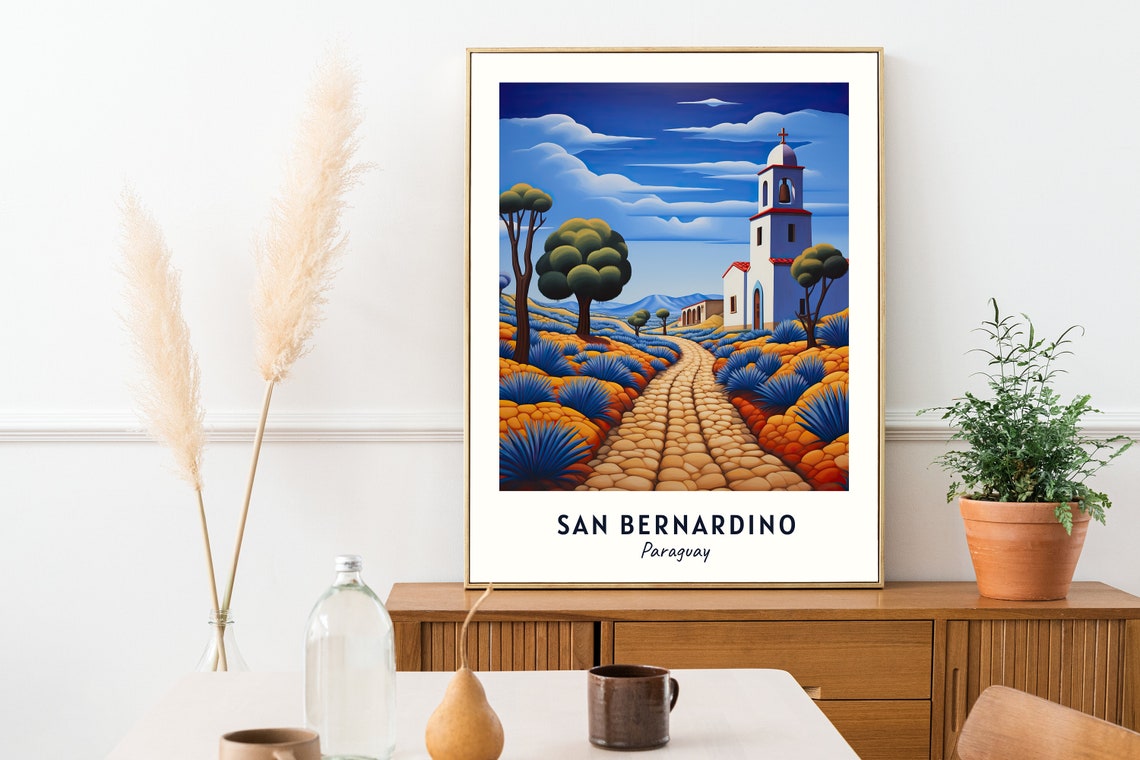 San Bernardino Paraguay Church Cobblestone Road Travel Poster - Image 2