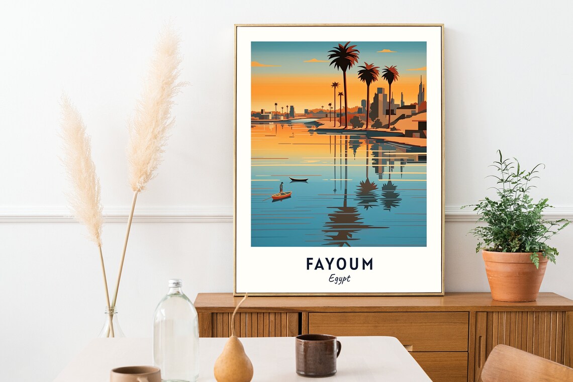 Fayoum Qarun Lake Sunset Palms Fishing Boat Reflection Travel Poster - Image 2