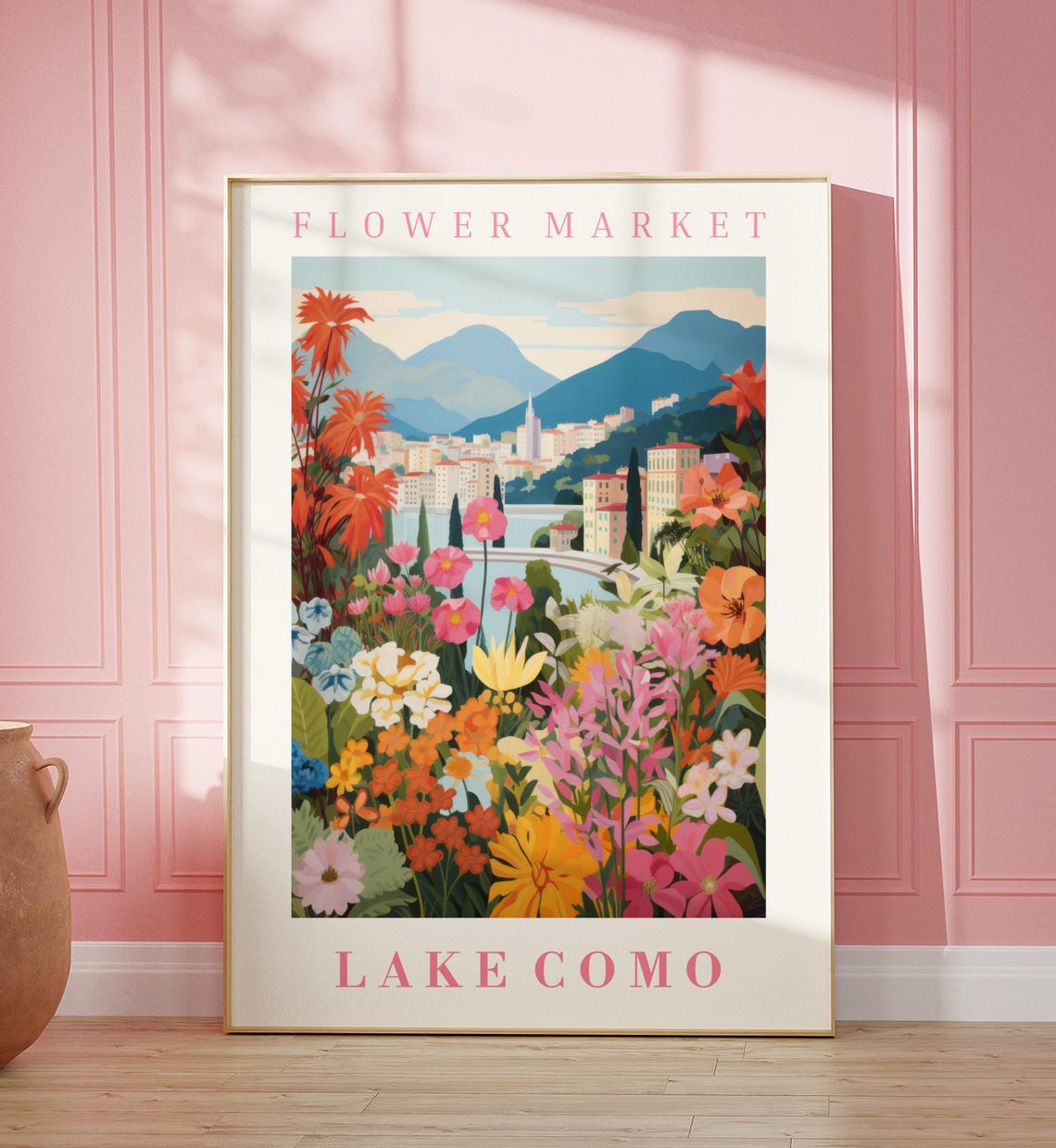 Lake Como Flower Market Poster with Lakeside Bloom Mountain View
