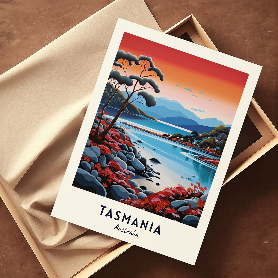 Tasmania Australia Red Foliage Shoreline Mountain Lake Travel Poster - Image 3