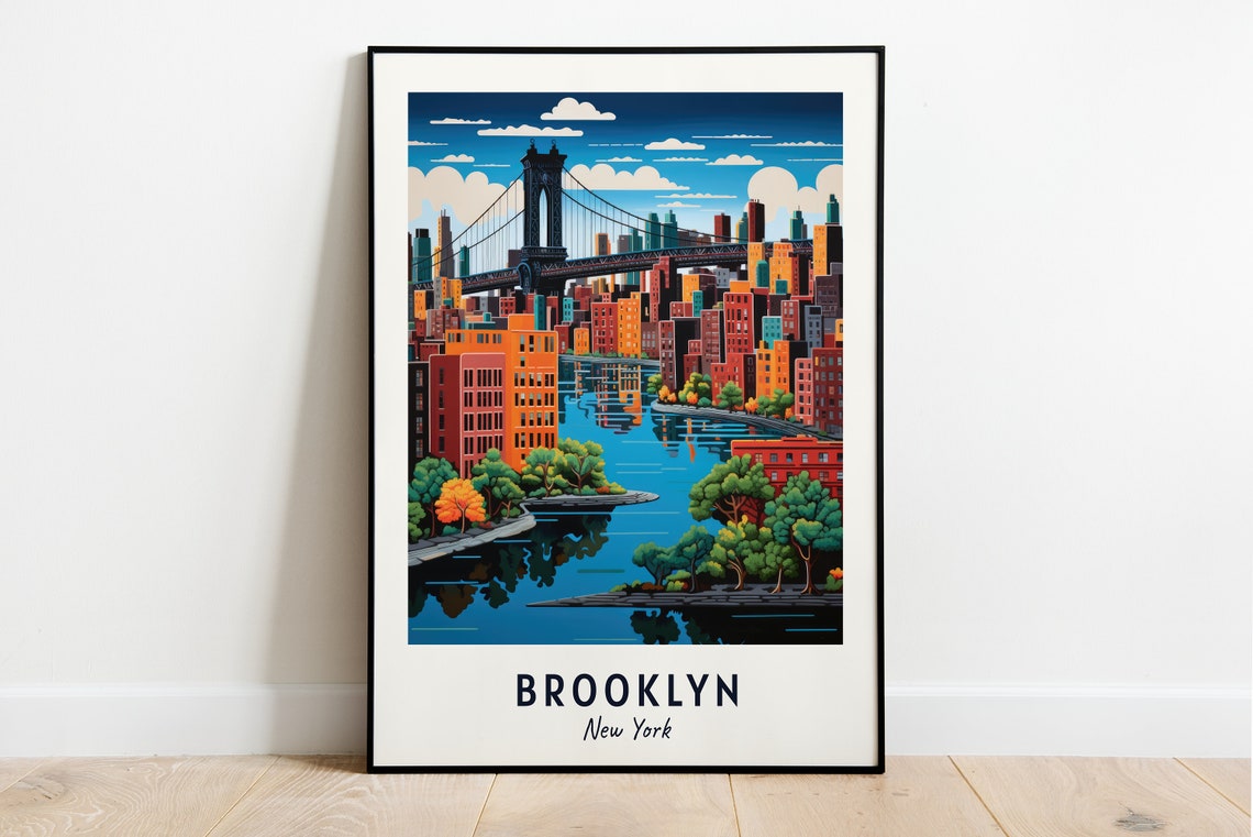 Brooklyn New York Bridge Manhattan Skyline Waterfront Travel Poster