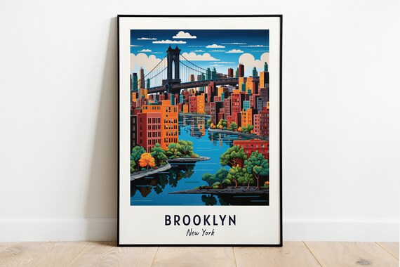 Brooklyn New York Bridge Manhattan Skyline Waterfront Travel Poster