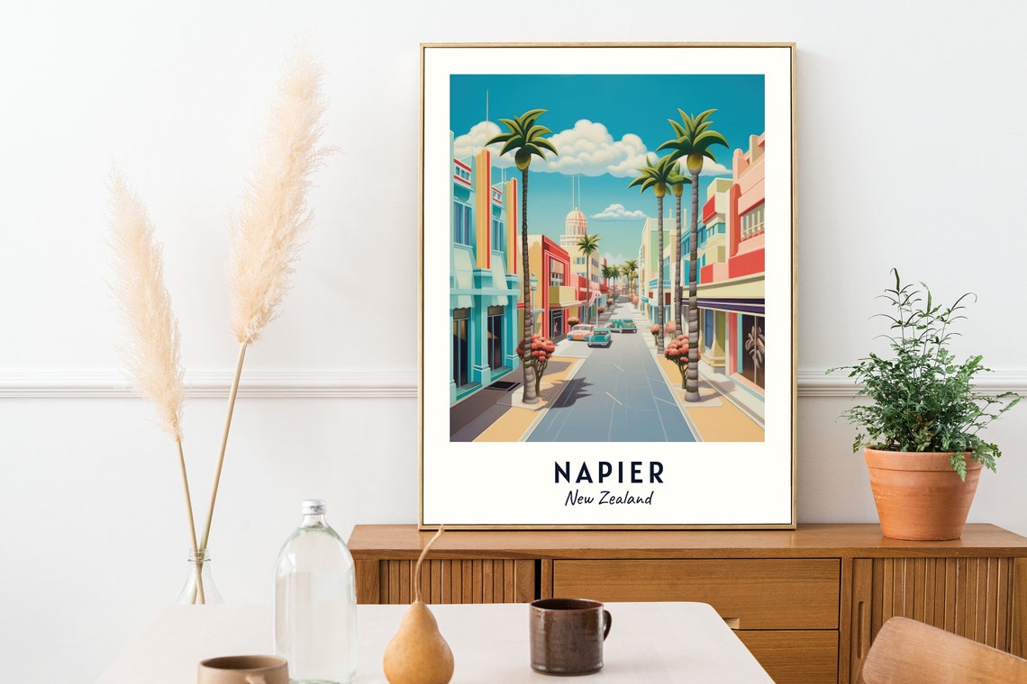 Napier New Zealand Art Deco Palm Lined Street Pastel Colors Poster - Image 2