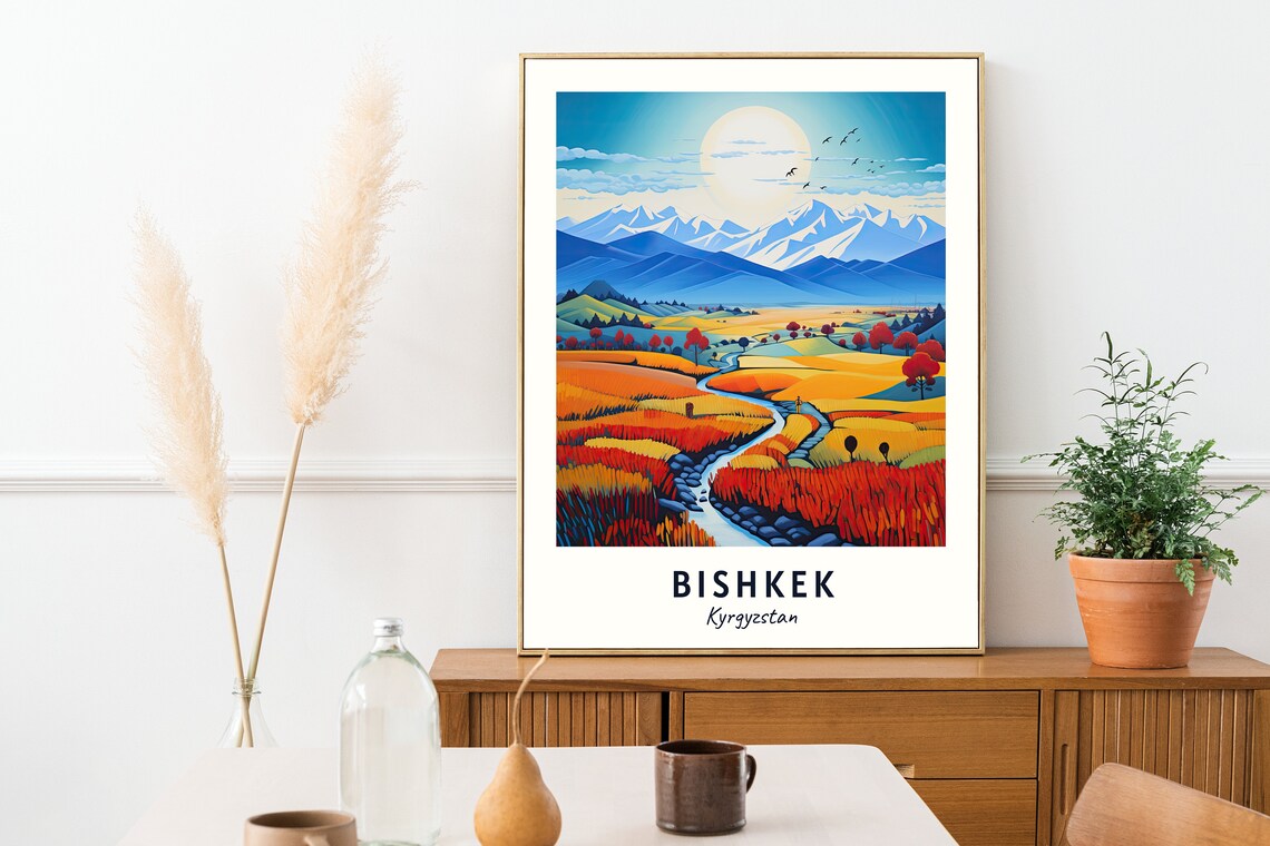 Bishkek Kyrgyzstan Snowy Mountains Valley Fields Autumn Travel Poster - Image 2