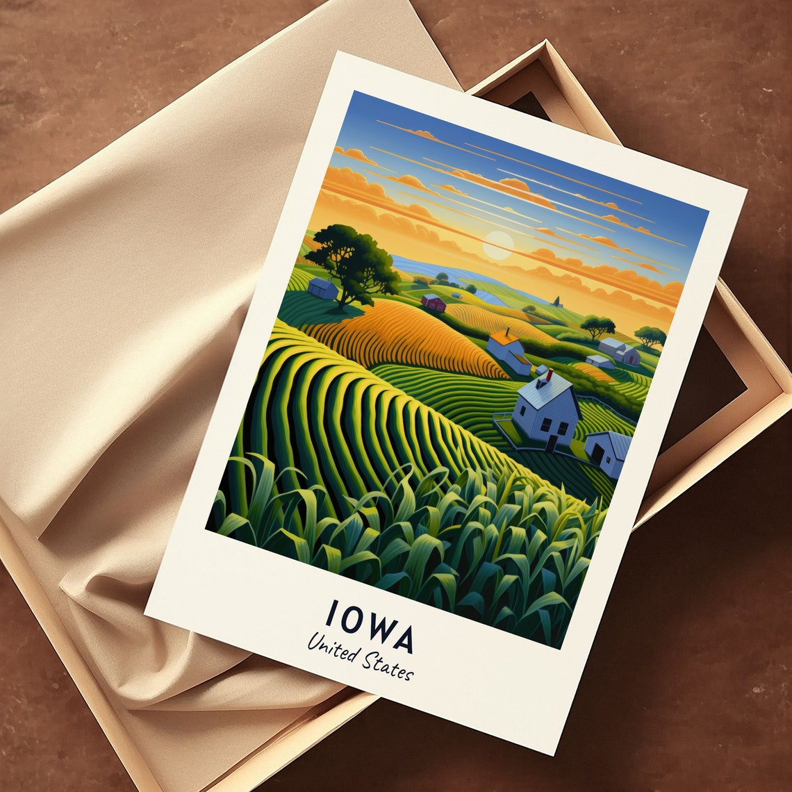 Iowa United States Rolling Cornfields Sunset Farmhouse Poster - Image 3