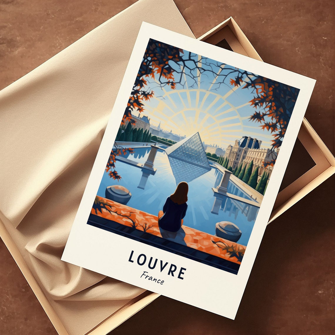 Louvre France Glass Pyramid Reflecting Pool Warm Sunset Poster - Image 3
