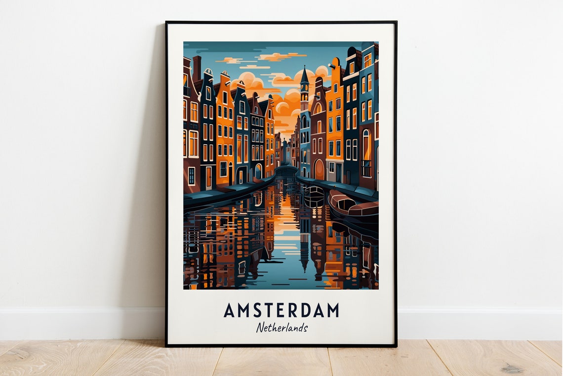 Amsterdam Netherlands Canal Houses Sunset Reflection Travel Poster