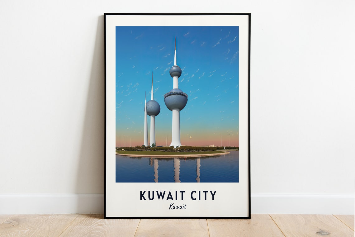 Kuwait City Kuwait Towers Seaside Sunset Reflection Travel Poster