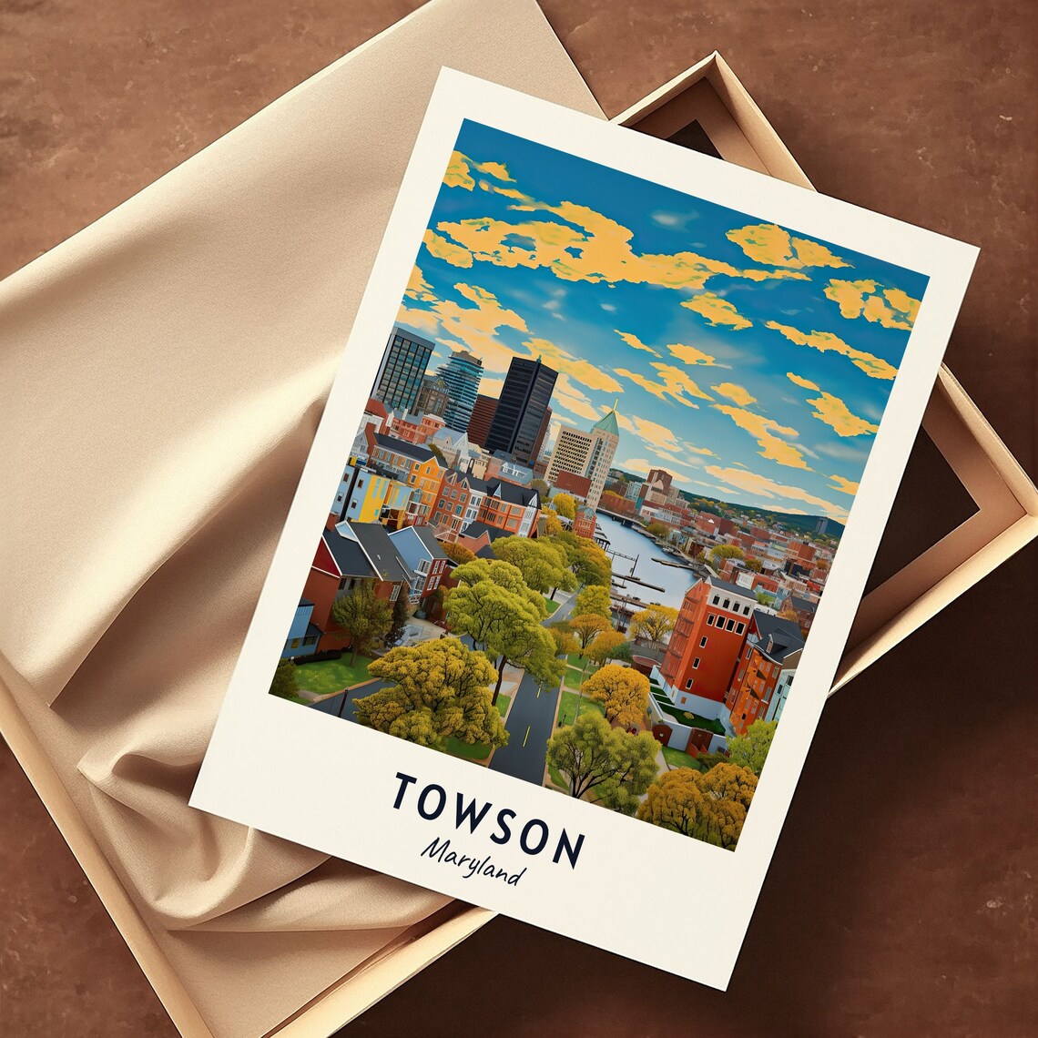 Towson City Skyline in Autumn Colors Maryland USA Travel Poster - Image 3