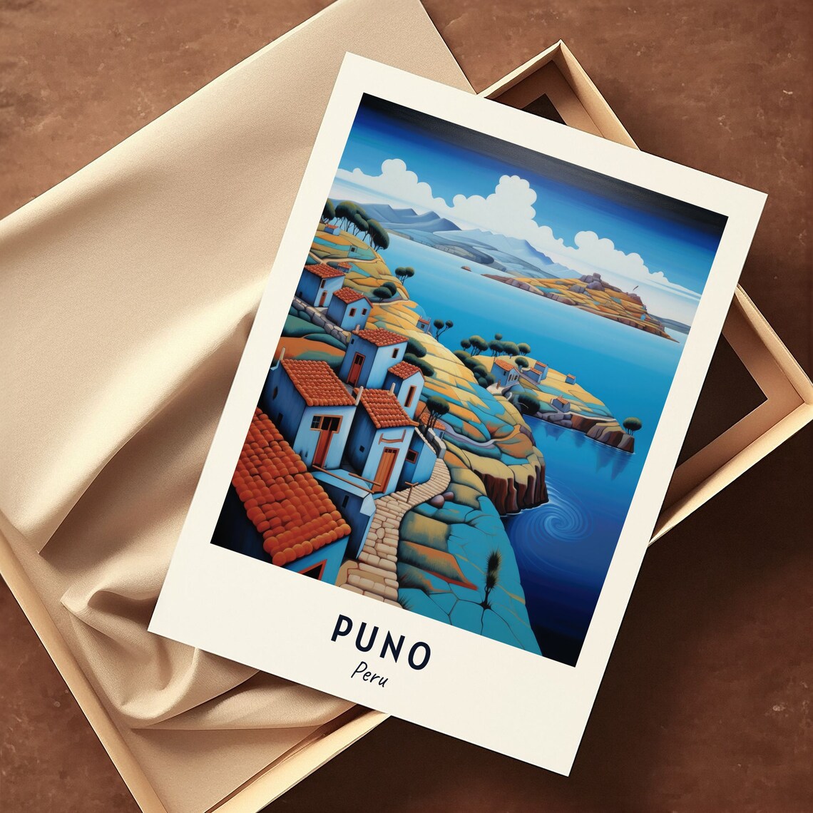 Puno Peru Lakeside Village And Hills Over The Blue Lake Travel Poster - Image 3