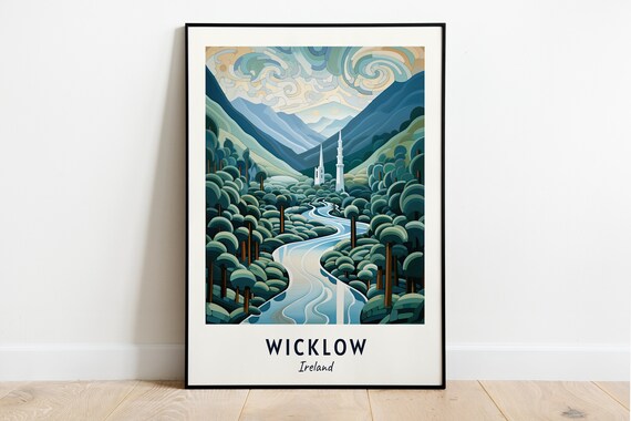Wicklow Ireland Mountain Valley River Forest Church Spires Travel Poster