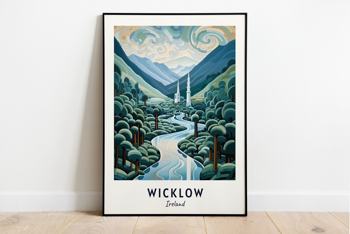 Wicklow Ireland Mountain Valley River Forest Church Spires Travel Poster