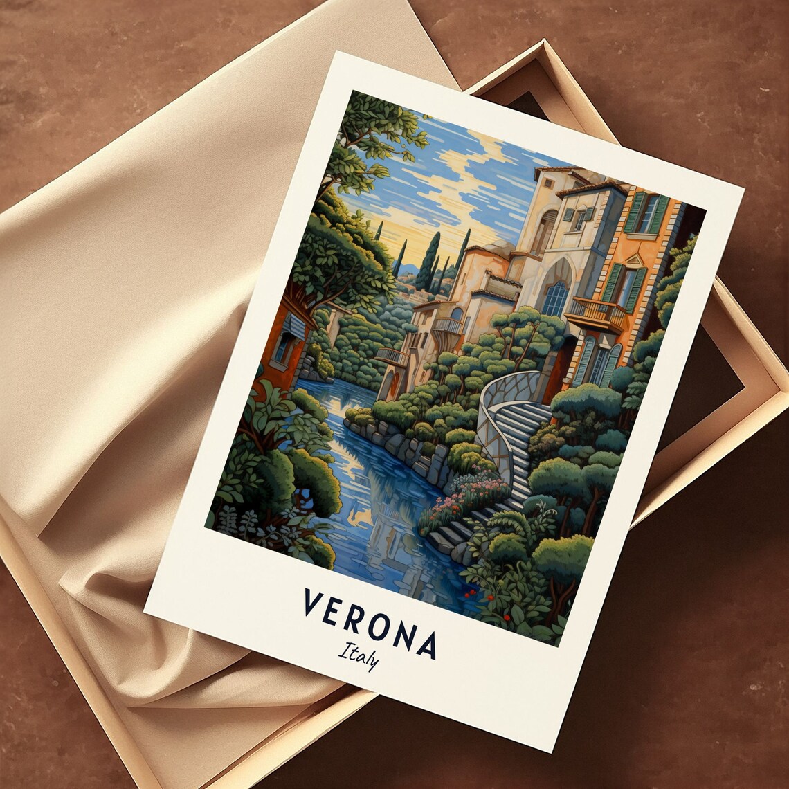 Verona Italy Canal Stone Staircase Gardens View Art Travel Poster - Image 3