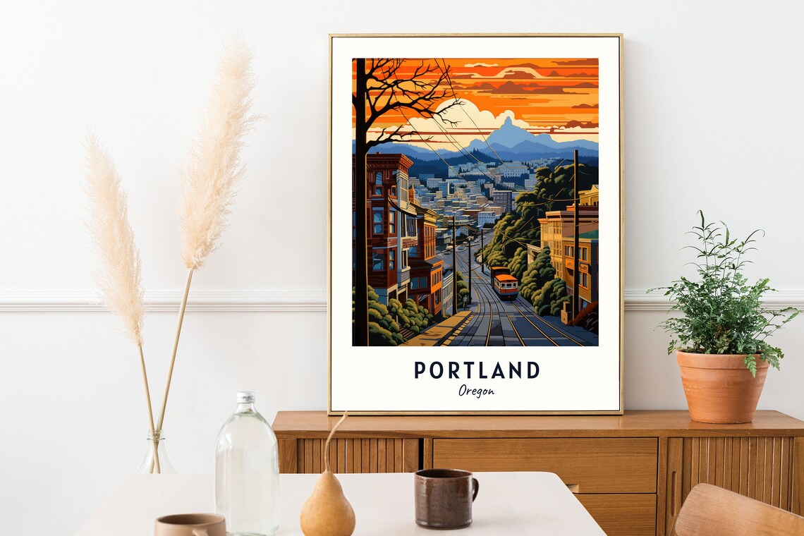 Portland Oregon Streetcar Mount Hood Sunset Cityscape Travel Poster - Image 2
