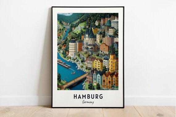 Hamburg Germany Riverside Hills Town Bridge Travel Poster Home Decor