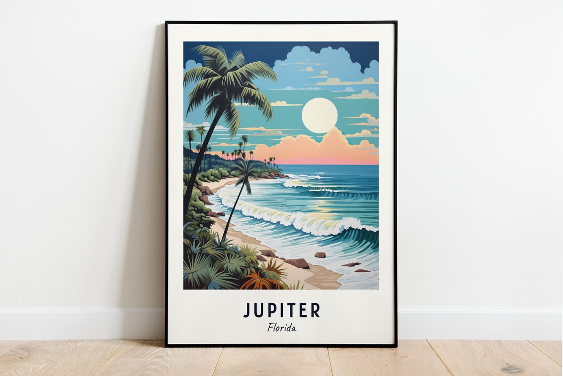 Jupiter Florida Palm Beach Sunset Rolling Ocean Waves Travel Poster