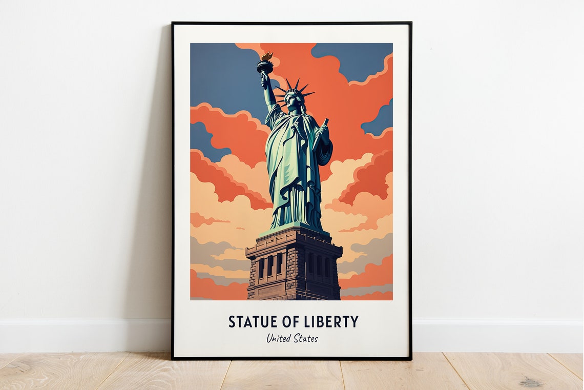 Statue of Liberty New York Harbor Dramatic Sunset Clouds View Poster