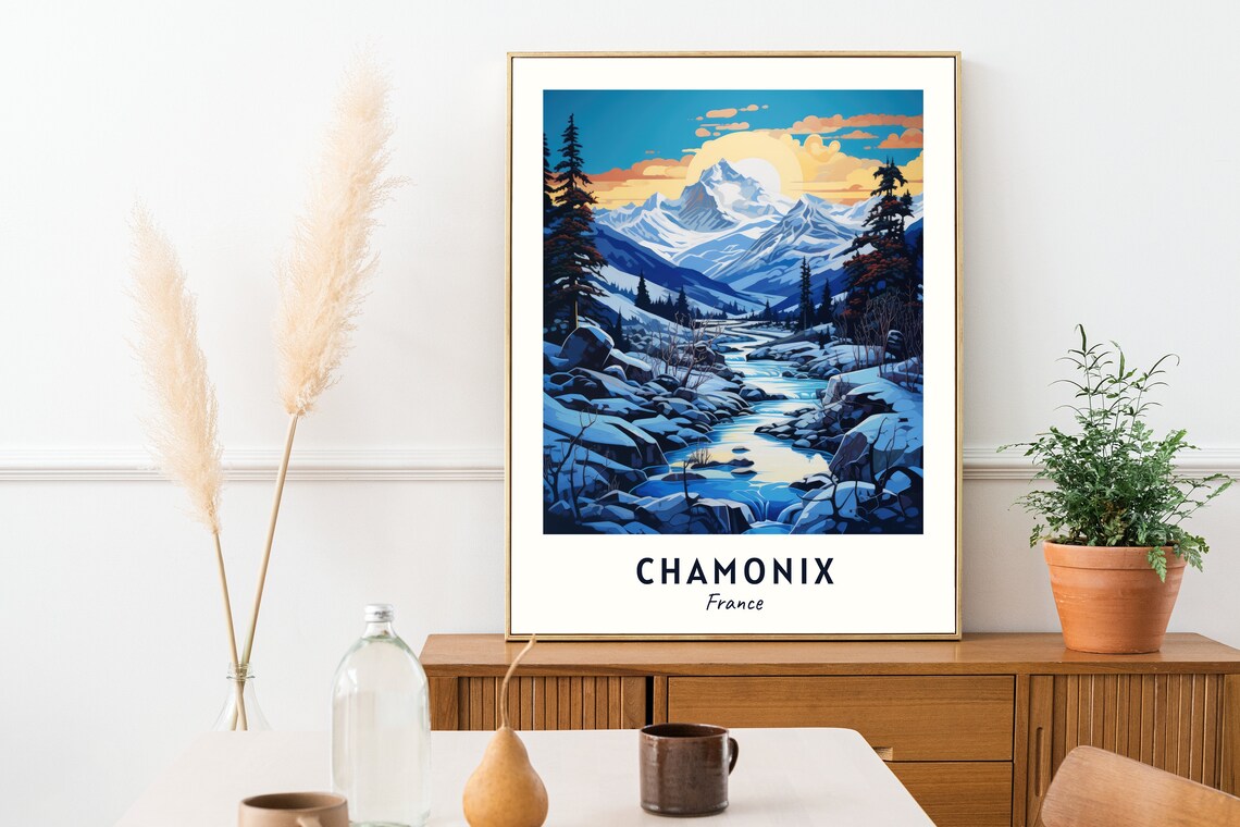 Chamonix France Snowy Peaks Frozen Stream Sunrise Pines Travel Poster - Image 2