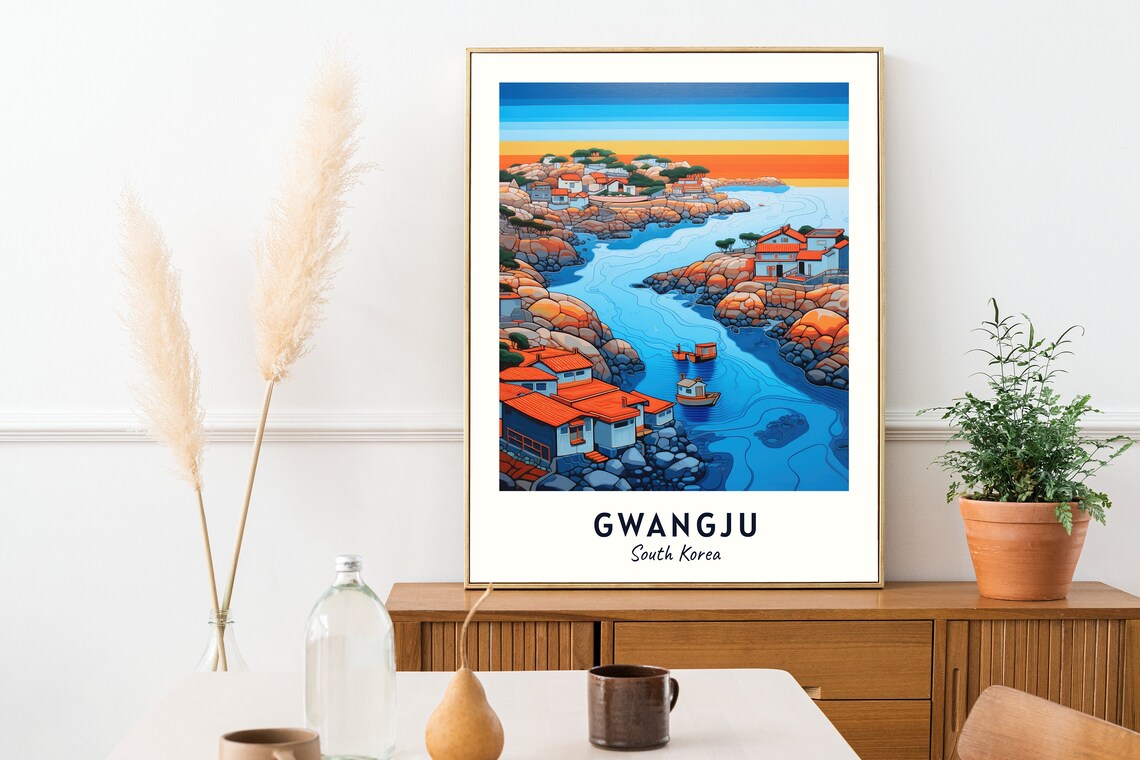 Gwangju South Korea Sunset Over Rocky Fishing Village Cove Poster - Image 2
