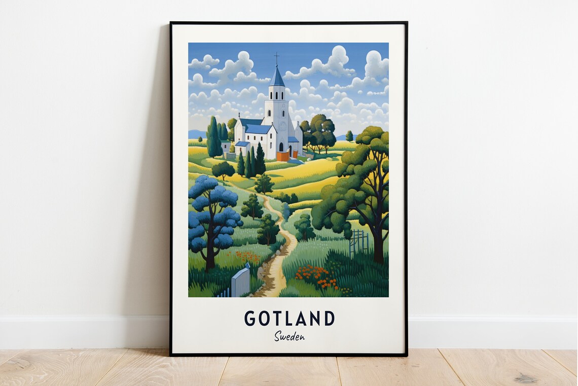 Gotland Medieval Country Church on a Green Hill in Sweden Poster
