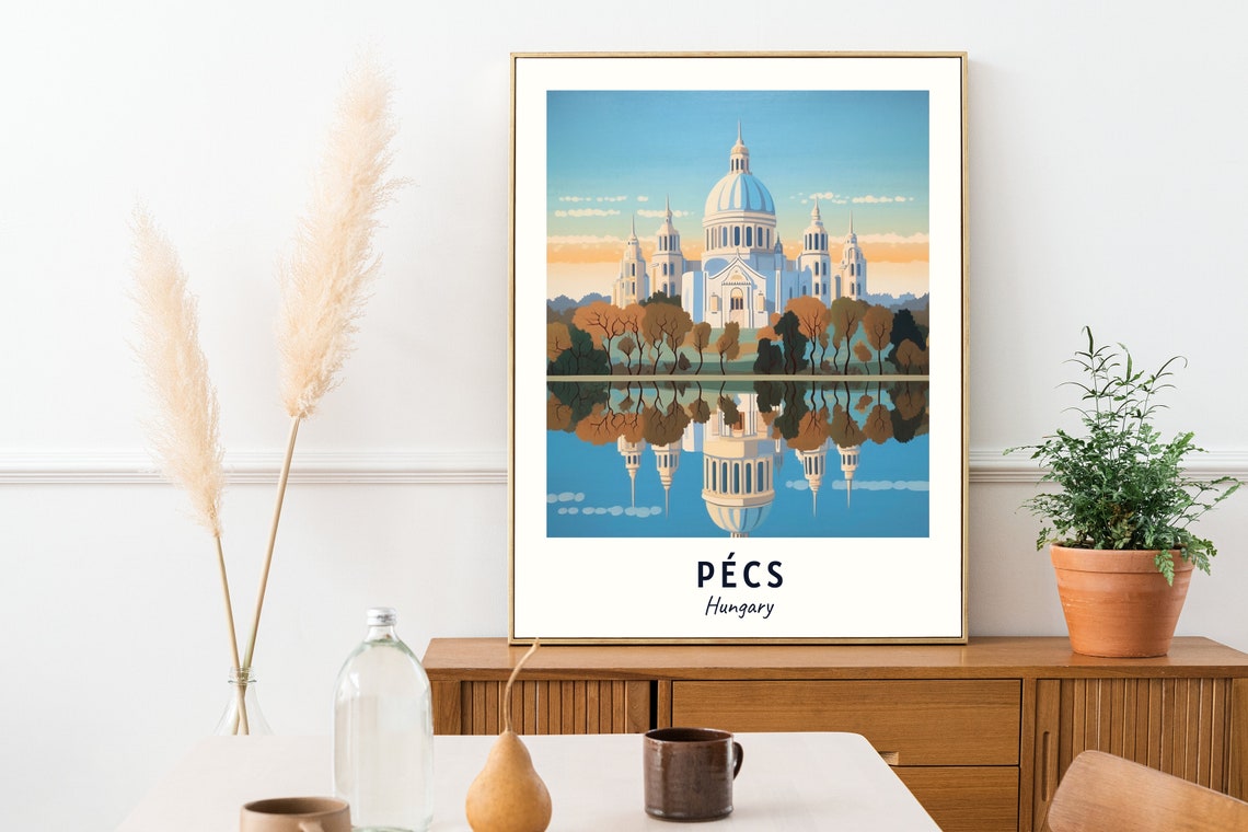 Pécs Hungary Basilica Dome Reflection Golden Hour Travel Poster - Image 2
