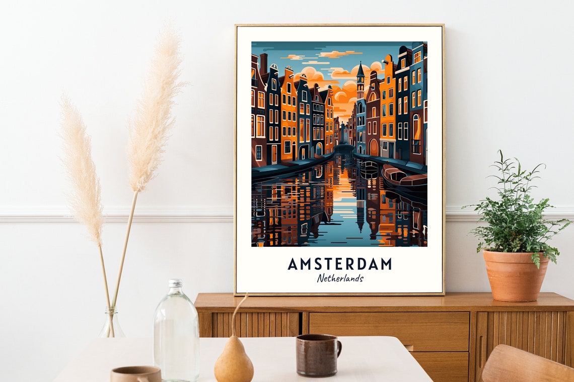 Amsterdam Netherlands Canal Houses Sunset Reflection Travel Poster - Image 2