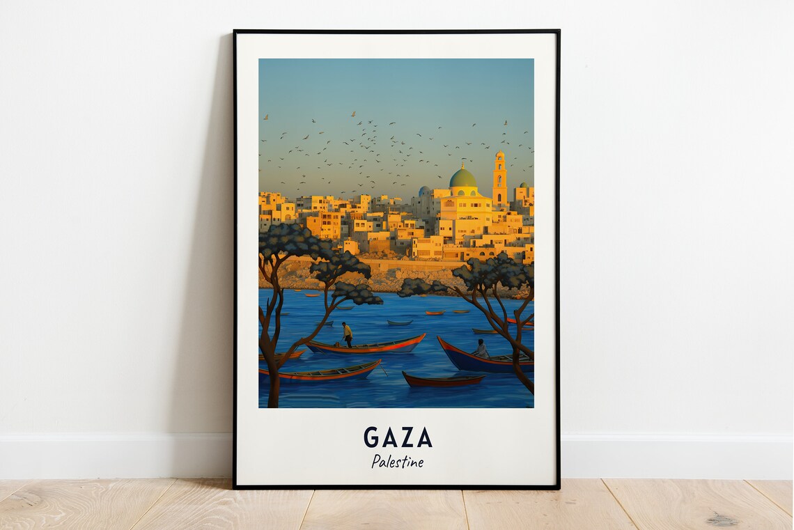 Gaza Palestine Harbor Fishing Boats Sunset Coast Travel Poster