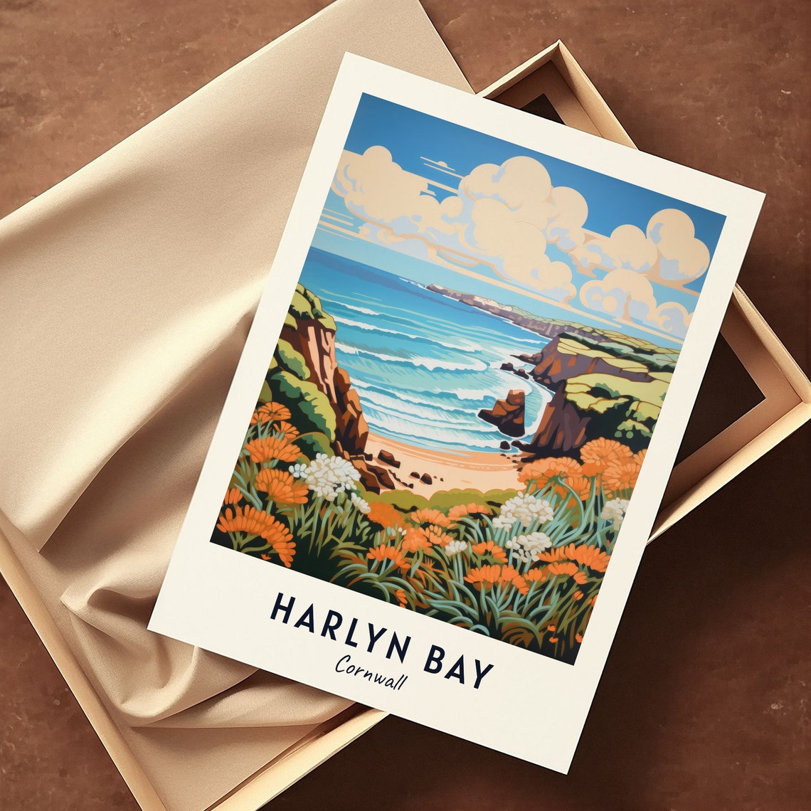 Harlyn Bay Cornwall Cliff Cove With Orange Wildflowers Poster - Image 3