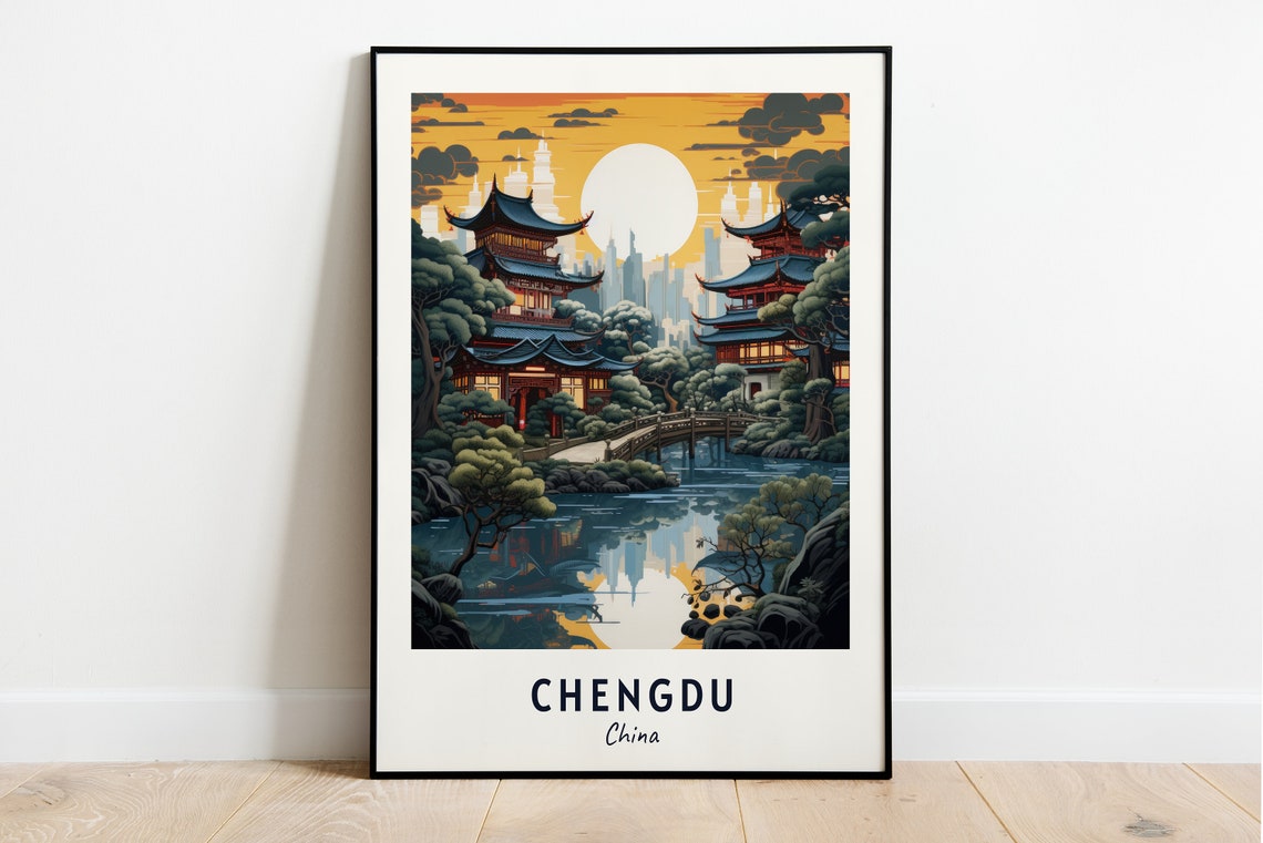 Chengdu China Pagoda Temple Gardens Night View Travel Poster