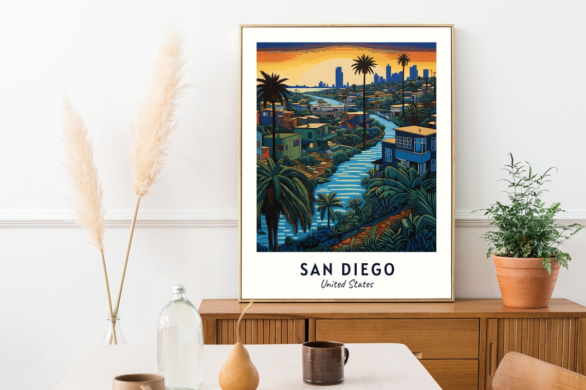 San Diego Sunset Bay Palm Trees Downtown Skyline Travel Poster - Image 2